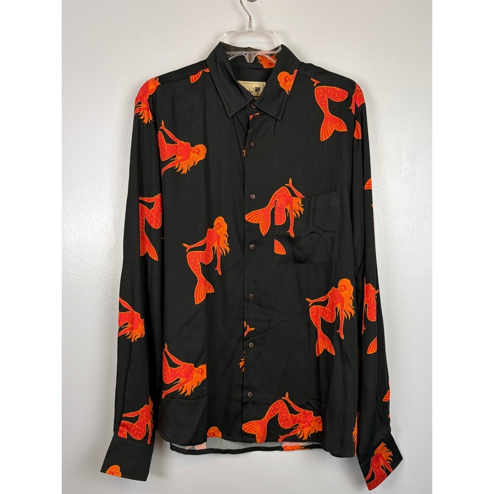 Mr Wood Mens Mermaid Skull Button Up Shirt Medium Black Orange Resort Cruise